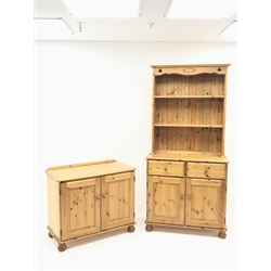  Pine two drawer dresser, two tier rack above two drawers and two cupboards, bun feet (W90cm, H189cm, D44cm) and matching two door cupboard (W90cm, H73cm, D46cm) (2)  