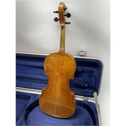 Early 20th century German Ernst Kreusler violin with 36cm two-piece maple back and ribs and spruce top, bears label 'Ernst Kreusler Dresden Anno 1925  Hand made reproduction of Antonius Stradivarius Cremona', overall L59cm; in hard carrying case