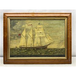 English School (20th Century): 'Katie 120 Tons - A Three Masted Schooner of Portmadoc Trading in the Atlantic', oil on panel titled along the lower edge 39cm x 57cm in birdseye maple veneered frame
