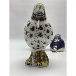 Three Royal Crown Derby paperweights, comprising Owl, Song Thrush and Robin, all with gold stoppers and printed marks beneath, H12cm