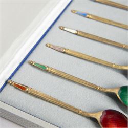 Set of six Danish silver-gilt and guilloche enamel demitasse spoons by Anton Michelsen, stamped A. Michelsen, Sterling, Denmark, with import marks for London, R C P Ltd, in fitted case