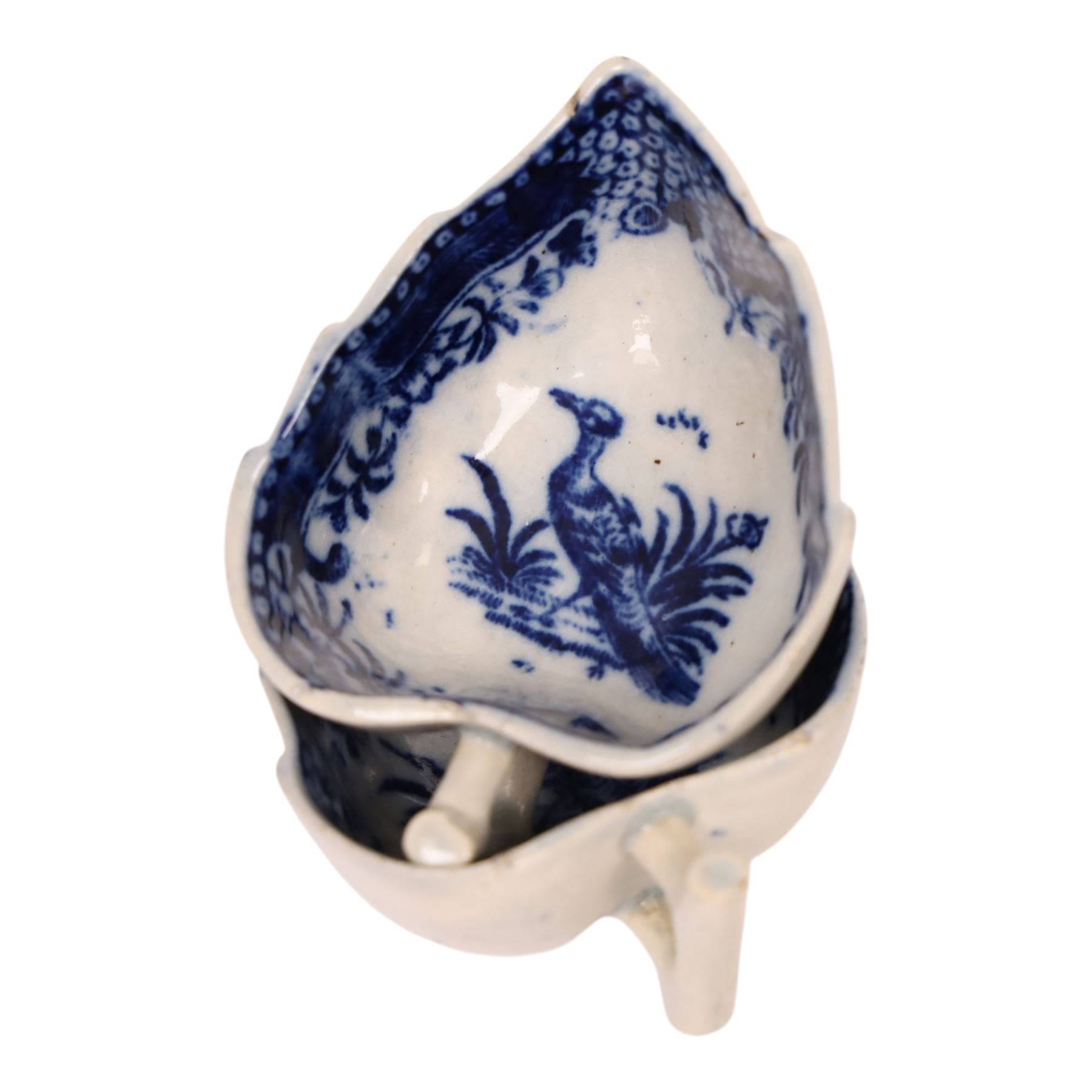Pair of 18th century Derby blue and white leaf-shaped butter boats with stalk handles, internally decorated with a bird with in a foliage boarder, H3cm 