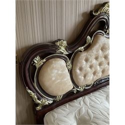 Rococo style 6' Super Kingsize bed, ornate shaped and floral design in wood finish, upholstered buttoned headboard, decorated with scrolled foliate and flower heads, together with mattress