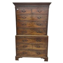 George III mahogany chest on chest, fitted with two small drawers above three drawers, central slide and three further drawers, brass loop handles, on bracket feet