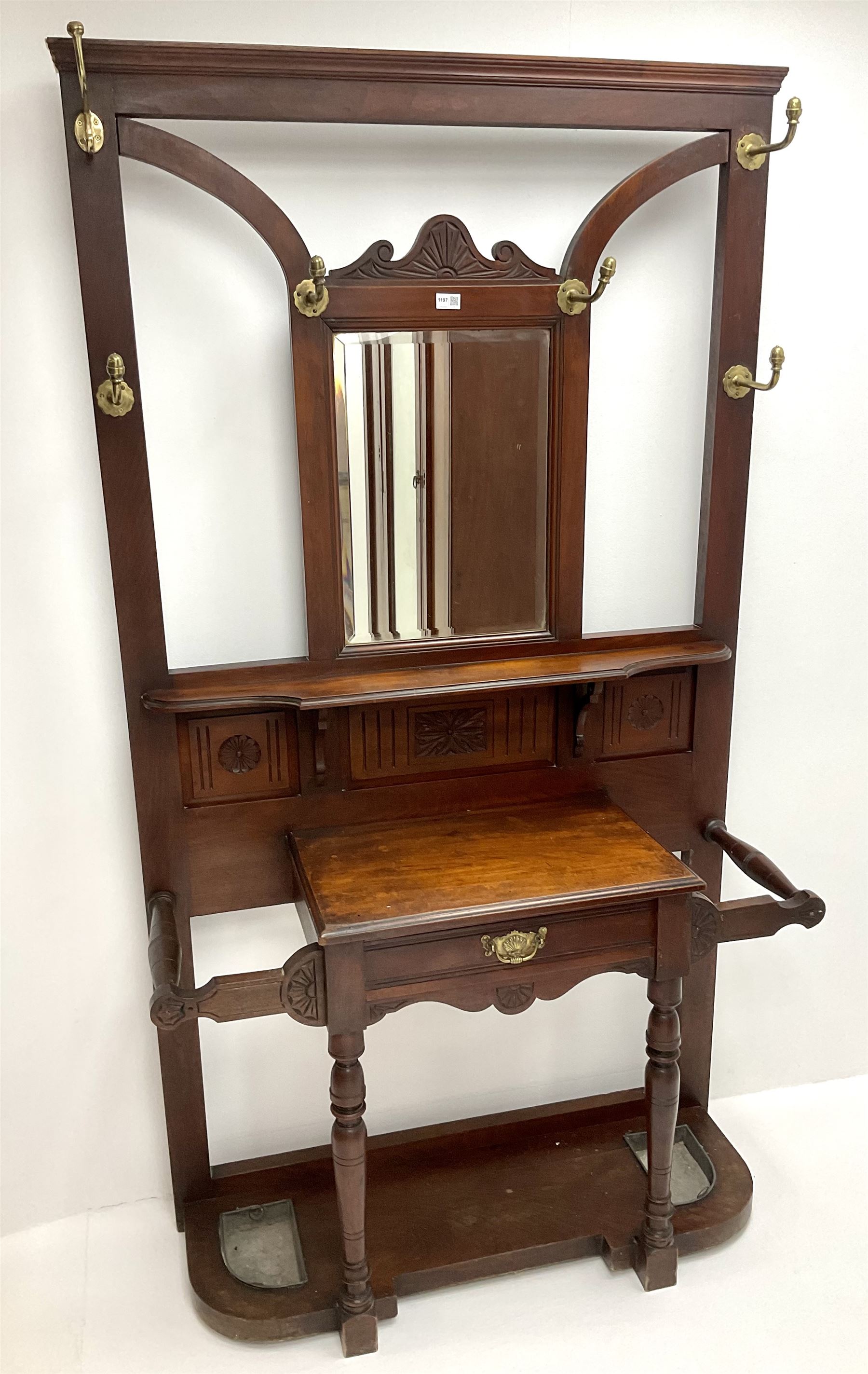 Victorian mahogany hall stand, raised bevel edge mirror back, single drawer, solid undertier joined by turned supports