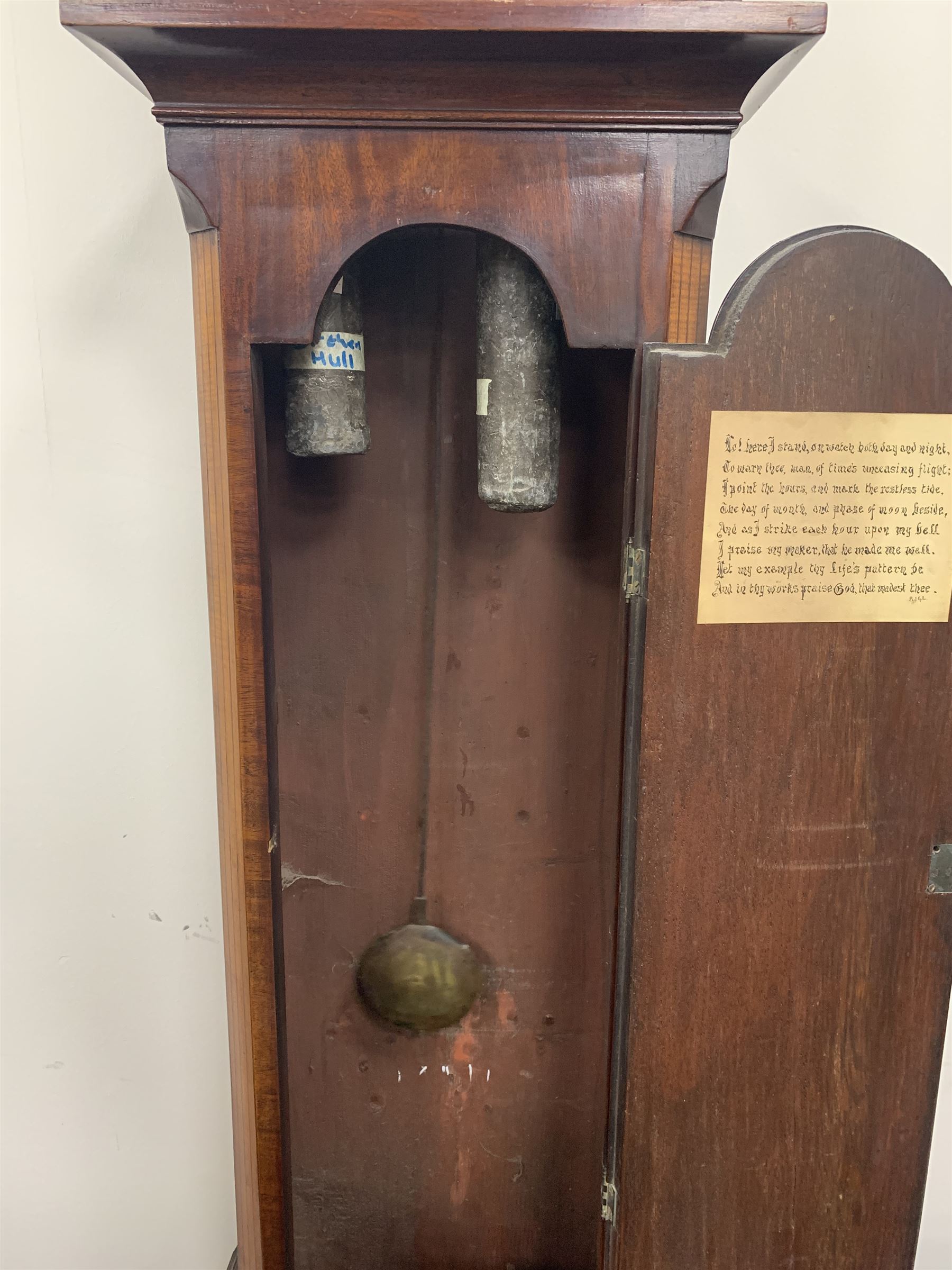 Early 19th century mahogany Hull longcase clock, pagoda top hood with