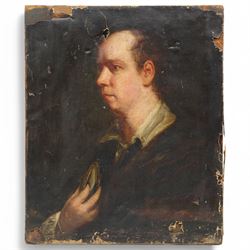 Circle of Sir Joshua Reynolds (British 1723-1792): 'Portrait of Oliver Goldsmith', late 18th to early 19th century oil on canvas inscribed 'Reynolds - Portrait of Oliver Goldsmith' on label verso 60cm x 50cm (unframed)