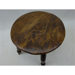  19th century elm Milking Stool, turned circular top on four outsplayed legs, H30cm, W39cm (2)  