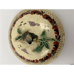 18th century creamware teapot, probably Leeds, with reeded entwined handle and floral finial to the cover, the body with hand painted polychrome decoration of figure to one side, and floral spray to the other, collectors paper label beneath inscribed Leeds Pottery, H11.5cm