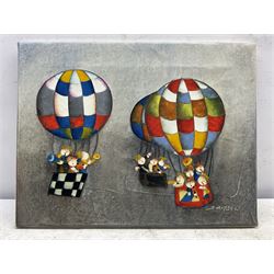 Joyce Roybal (Italian 1955-): Hot Air Balloons, oil on canvas signed 31cm x 41cm (unframed)