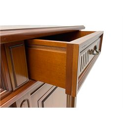 Contemporary cherry wood sideboard, rectangular moulded top over three drawers and three cupboards