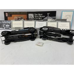 Eight Franklin Mint diecast models of cars, 1911 Rolls-Royce Tourer, The Rolls-Royce Corniche IV, The Mercedes Simplex, 1955 Rolls-Royce Silver Cloud, 1921 Rolls-Royce Silver Ghost, 1907 Rolls-Royce Silver ghost,1929 Rolls-Royce Phantom I,  and 1930 V-16 452 Cadillac Imperial Sedan, all with original tags attached