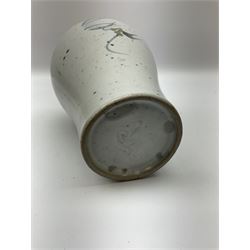 Studio pottery vase of baluster form with a light mottled blue ground with abstract painted decoration, H26cm