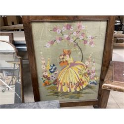 Mahogany framed easel mirror and another mirror, Firescreen with needlework panel depicting a woman in the garden H73cm, other wood items etc