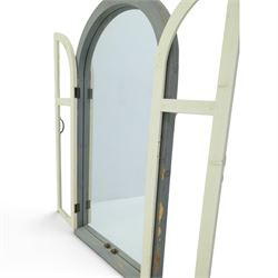 Traditional shutter garden mirror, curved grey frame enclosing a plain mirror plate, with open panel doors