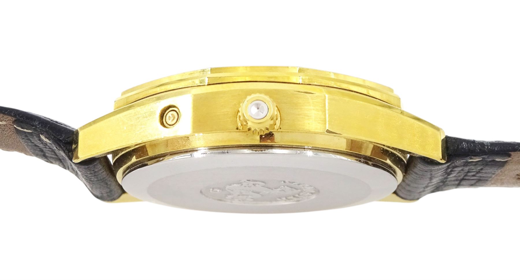 Omega Seamaster gentleman's gold-plated and stainless steel quartz wristwatch, Ref. 196.0126, Cal. 1345, black dial with baton hour markers and day - date aperture, on Omega black leather strap with buckle, boxed with Omega repair receipt dated 2023