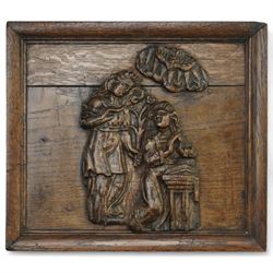  17th century Northern European carving of two figures, one kneeling in prayer on a later ...