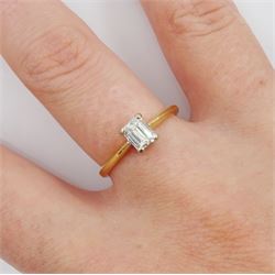 18ct gold single stone emerald cut diamond ring, London 2000, diamond approx 0.50 carat