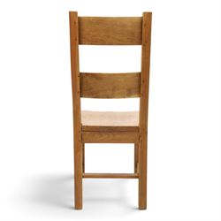 Indigo Furniture - large rustic oak dining table, rectangular four plank top raised on square supports; with set of six beech high ladder-back dining chairs