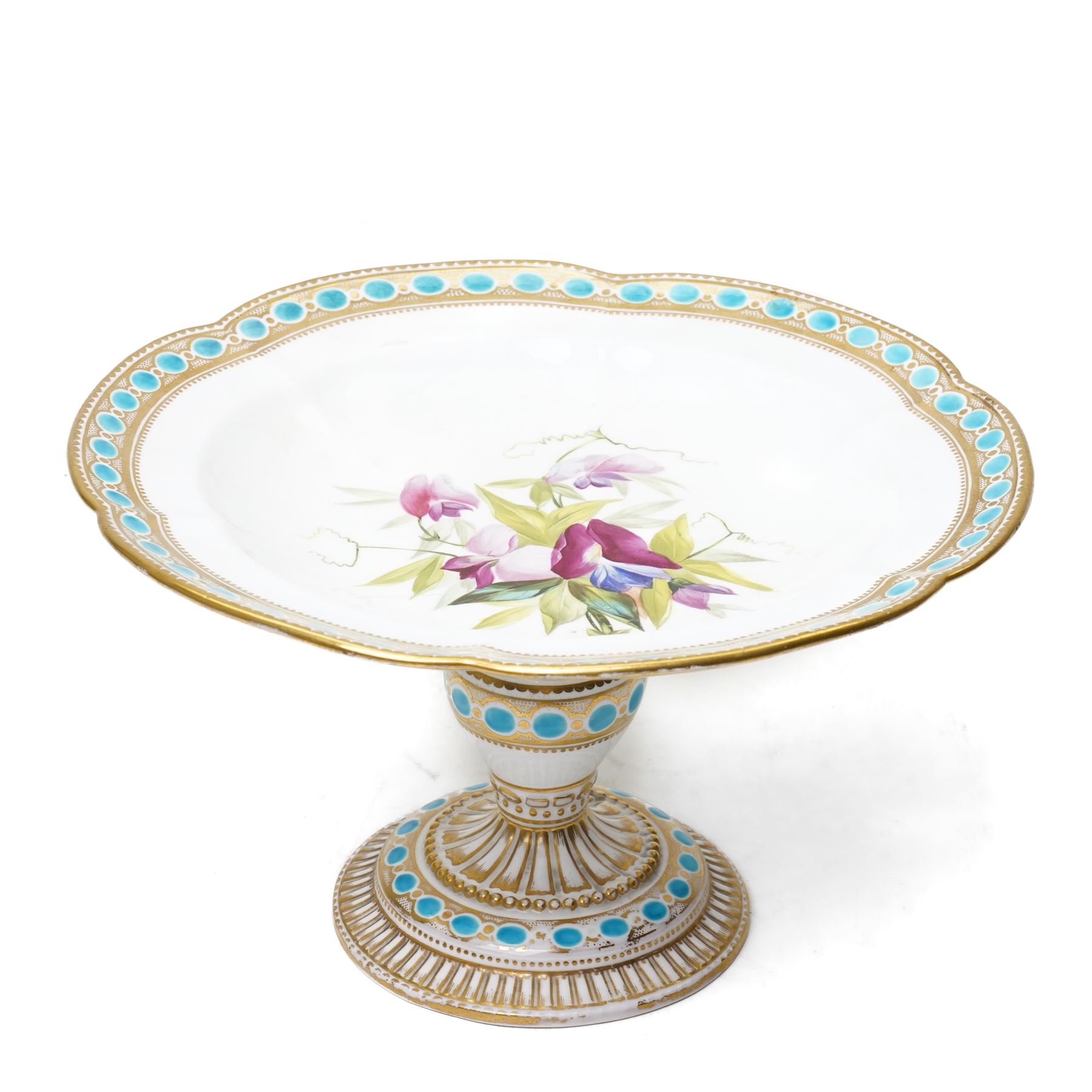 19th century tazza or compote, hand painted with flowers within gilt and turquoise borders, H16cm 