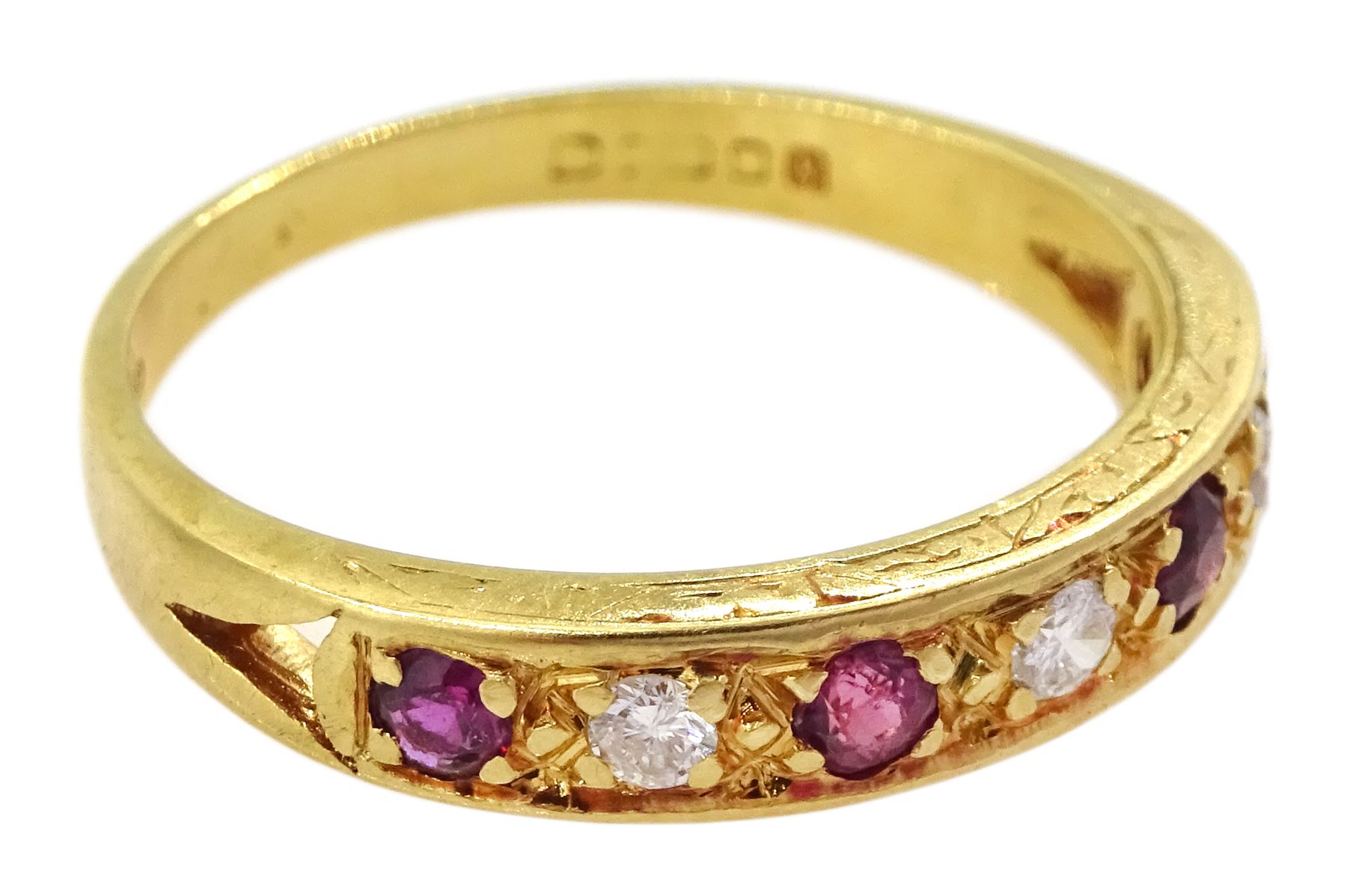 18ct gold seven stone ruby and round brilliant cut diamond half eternity ring, London 1984