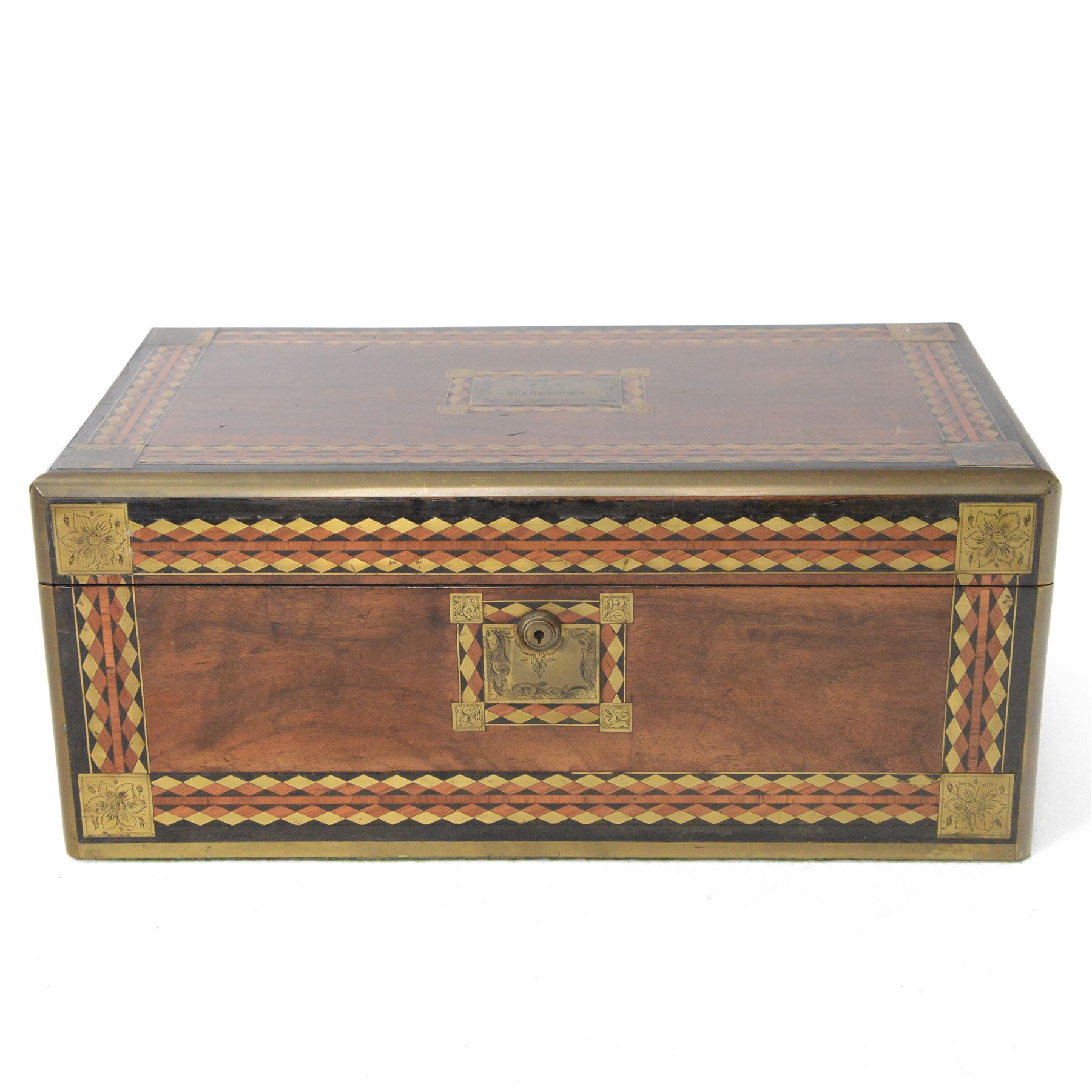 19th century rosewood writing slope, of rectangular form, the hinged cover and front with inlaid foliate engraved brass corner panels, and inlaid marquetry and brass diamond borders, the cover with foliate engraved and named central plaque, opening to reveal a fitted and compartmented interior with gilt tooled black leather slope, H21cm W50cm D28.5cm