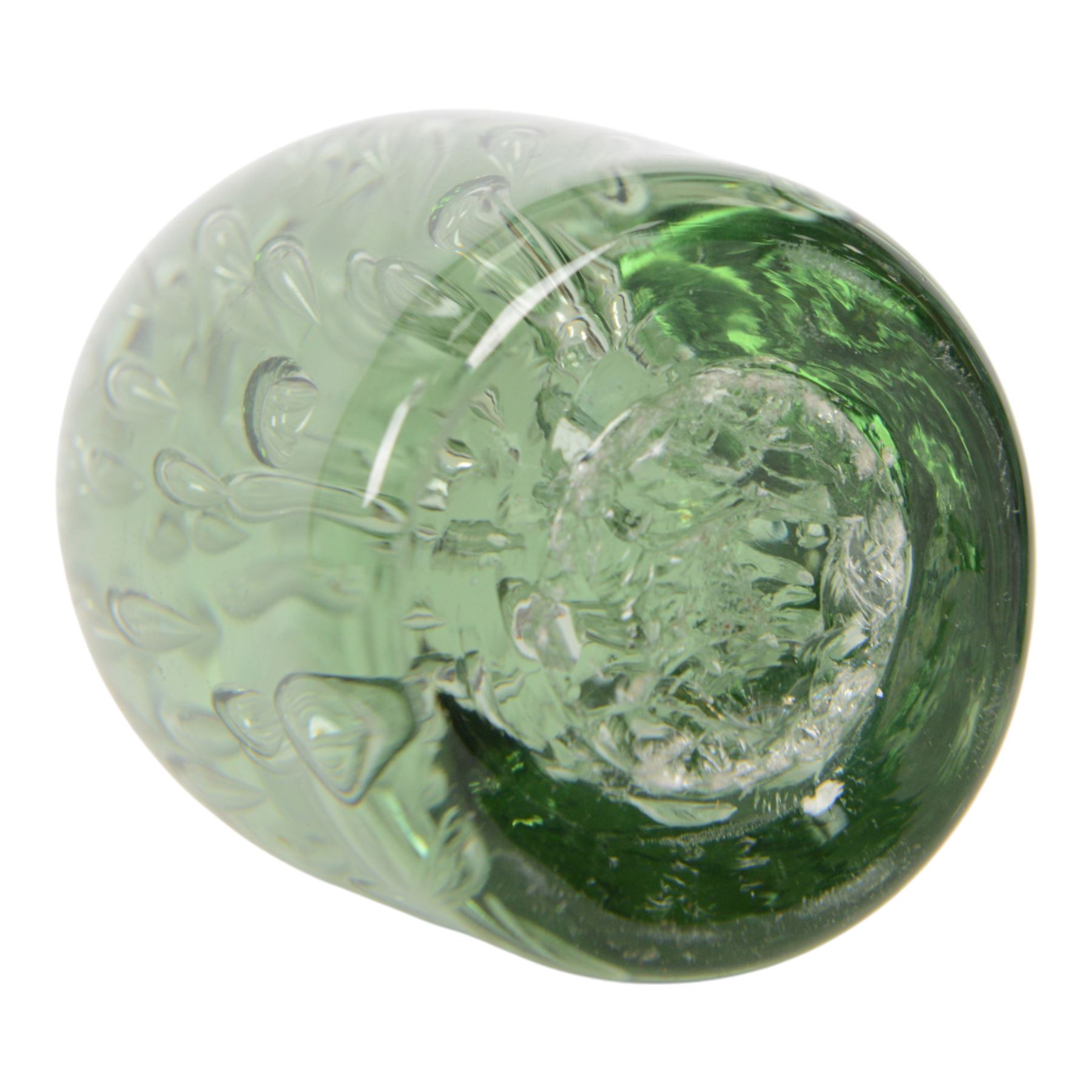 Two Victorian green glass dump paperweights with bubble inclusions, tallest H13cm
