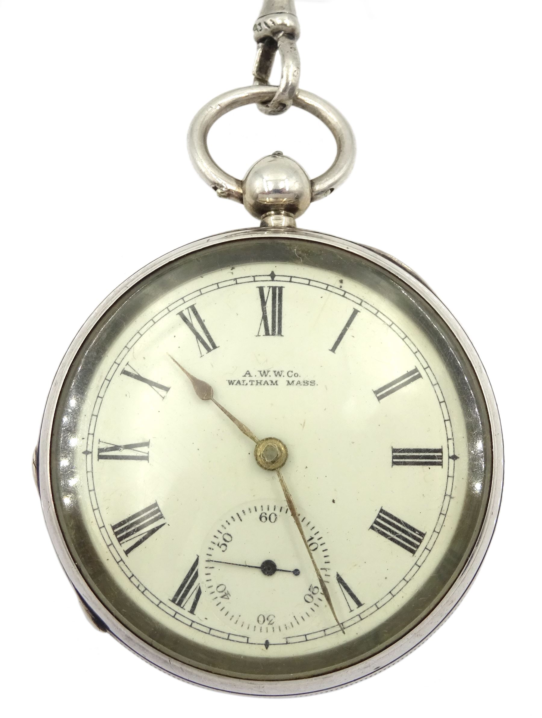 Victorian silver open face key wound pocket watch by American Watch Company, Waltham, No. 8908643, white enamel dial with Roman numerals and subsidiary seconds dial, Birmingham 1900, with silver Albert watch chain, each link hallmarked