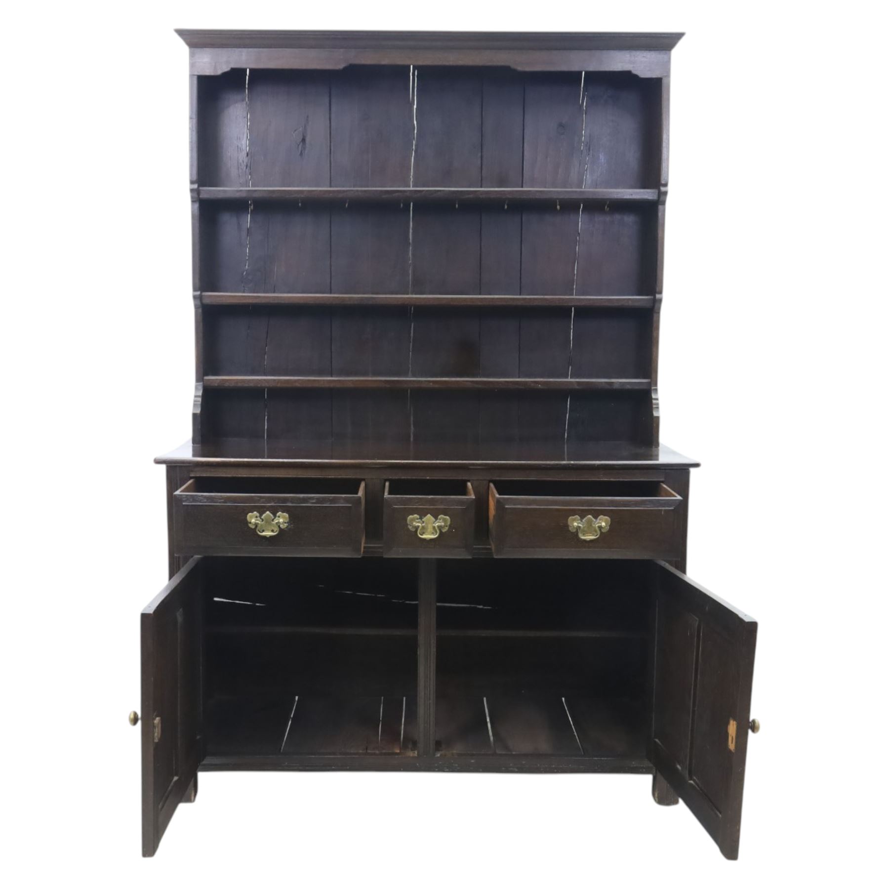 Georgian design oak dresser and rack, fitted with three drawers and two cupboards, complete with three tier plate rack