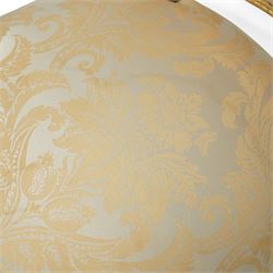 French design gold painted framed armchair, serpentine front with cream damask upholstery, padded arms with studded border  
