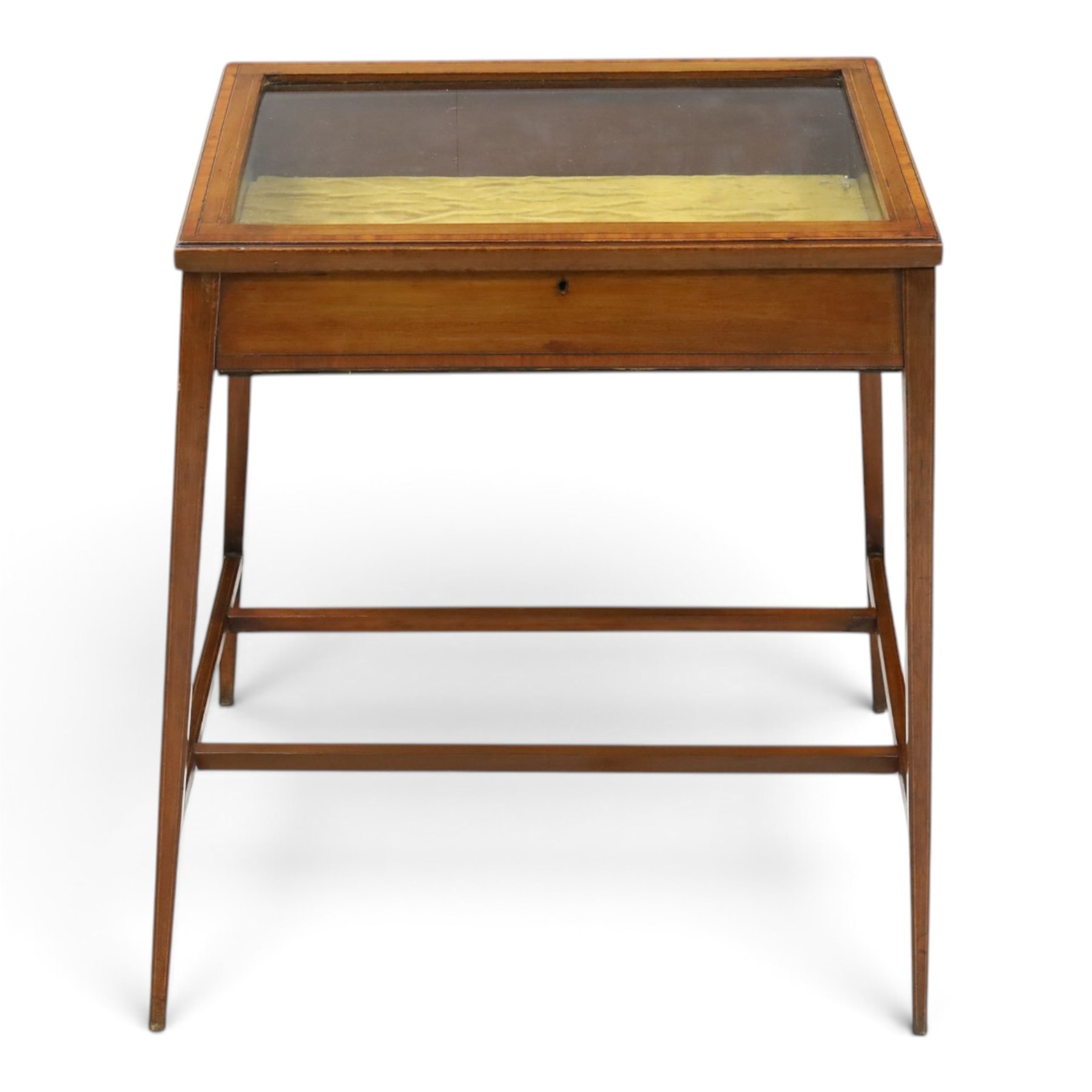 Edwardian inlaid mahogany bijouterie table of elegant proportions, rectangular hinged glazed top with mahogany banding, raised on splayed square tapering supports united by double-H stretcher