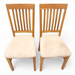 Contemporary solid oak rectangular dining table, with two additional extension leaves, together with eight matching high back dining chairs upholstered in cream suede-effect fabric (9) (Chair H 95cm, W 41cm, D 53cm) (Extends to 270cm)