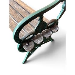 Coalbrookdale - Lily Pad design cast iron an wood slatted garden bench, late 19th century Aesthetic Movement, no. 217569, painted in green with iron centre support and seat stretcher, hardwood slatted