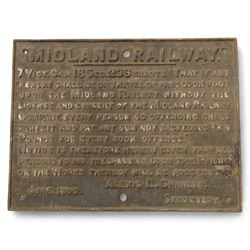 Late Victorian cast iron Midland Railway trespassing sign, dated June 1899, H51cm, W68cm