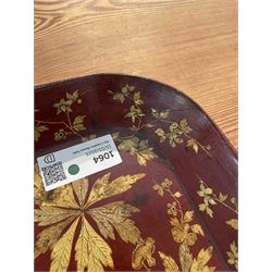 Early 19th century red lacquered papier-mâché tray by Clay of King Street Covent Garden, of rounded rectangular form, painted in gilt with large foliate sprays and butterflies, impressed verso CLAY KING ST COVENT GARDEN, W66.5cm D48.5cm