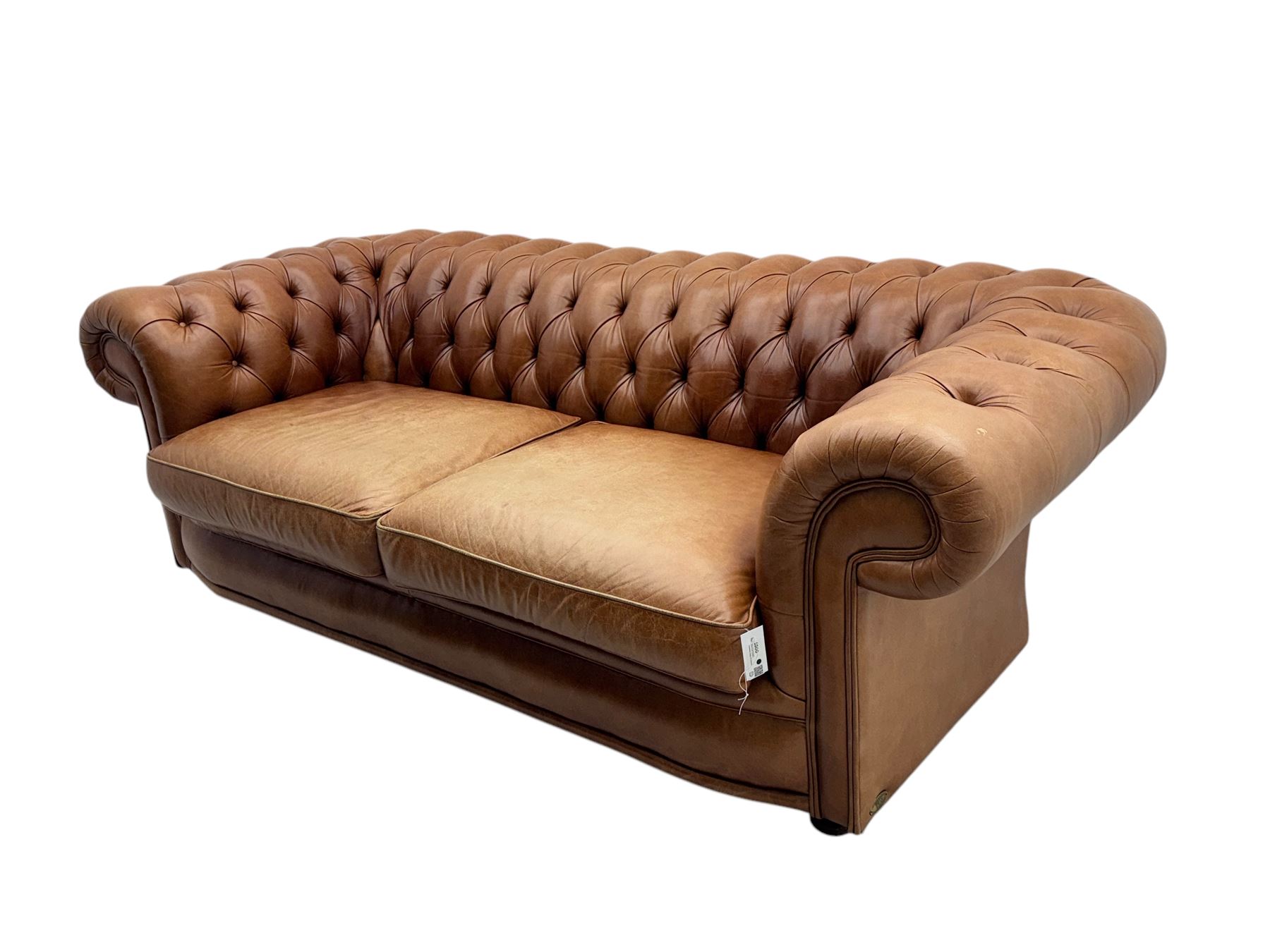 Springvale - large Chesterfield sofa, upholstered in buttoned tan leather, two cushion deep seat, turned bun feet