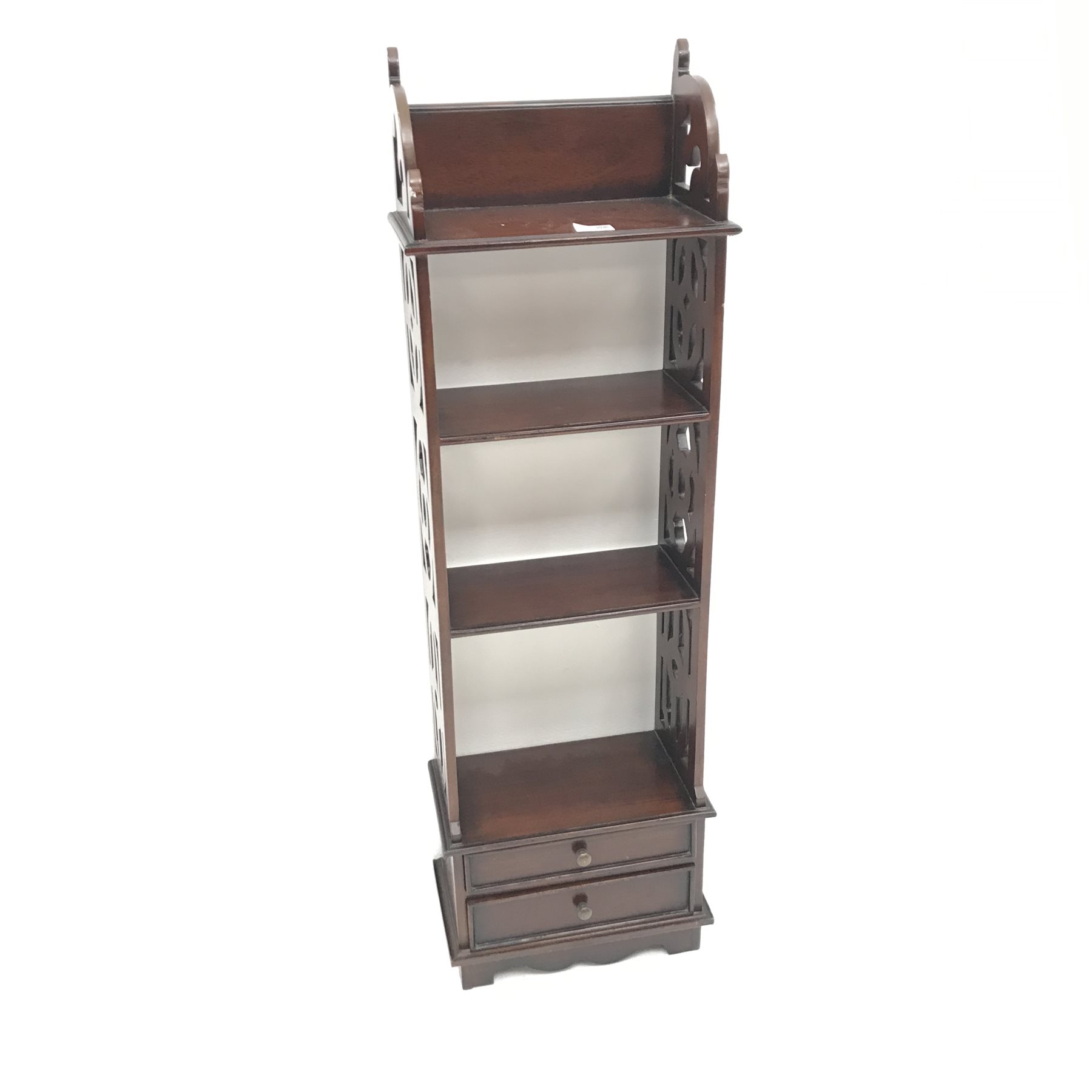 Narrow mahogany open bookcase with two drawers, W34cm, H111cm, D20cm