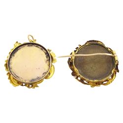 19th century gold pearl portrait brooch and similar pendant, each set with a miniature of a woman, on ivory, within gold scrolled frames. This lot has been registered for sale under Section 10 of the APHA Ivory Act