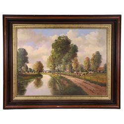 Rik Mulders (Flemish 20th century): Landscape with Cows by Canal, oil on canvas signed 59cm x 79cm