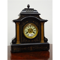  Victorian painted simulated black slate mantel clock with gilt columns and circular Roman dial, HAC 14 day movement striking on a coil, H42cm  