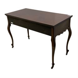 Late Victorian mahogany side table, rectangular top over two drawers and shaped apron, on cabriole supports with brass and ceramic castors
