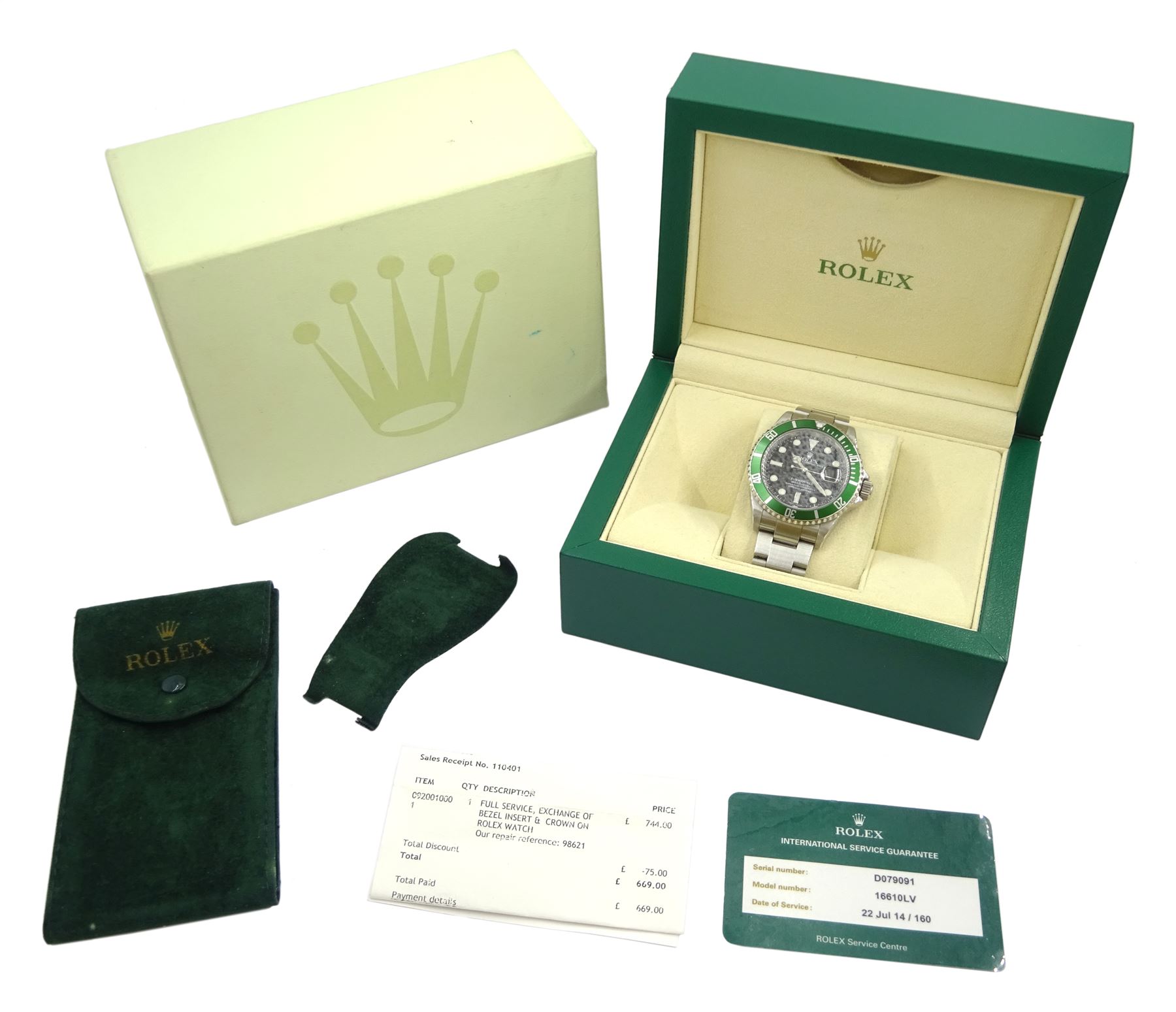 Rolex Oyster Perpetual Date Submariner 'Kermit' gentleman's stainless steel automatic wristwatch, circa 2005, model No 16610LV, serial No. D079091, 60 minute rotating green bezel, on Rolex Oyster stainless steel bracelet, with fold-over clasp, boxed with service guarantee dated 2014