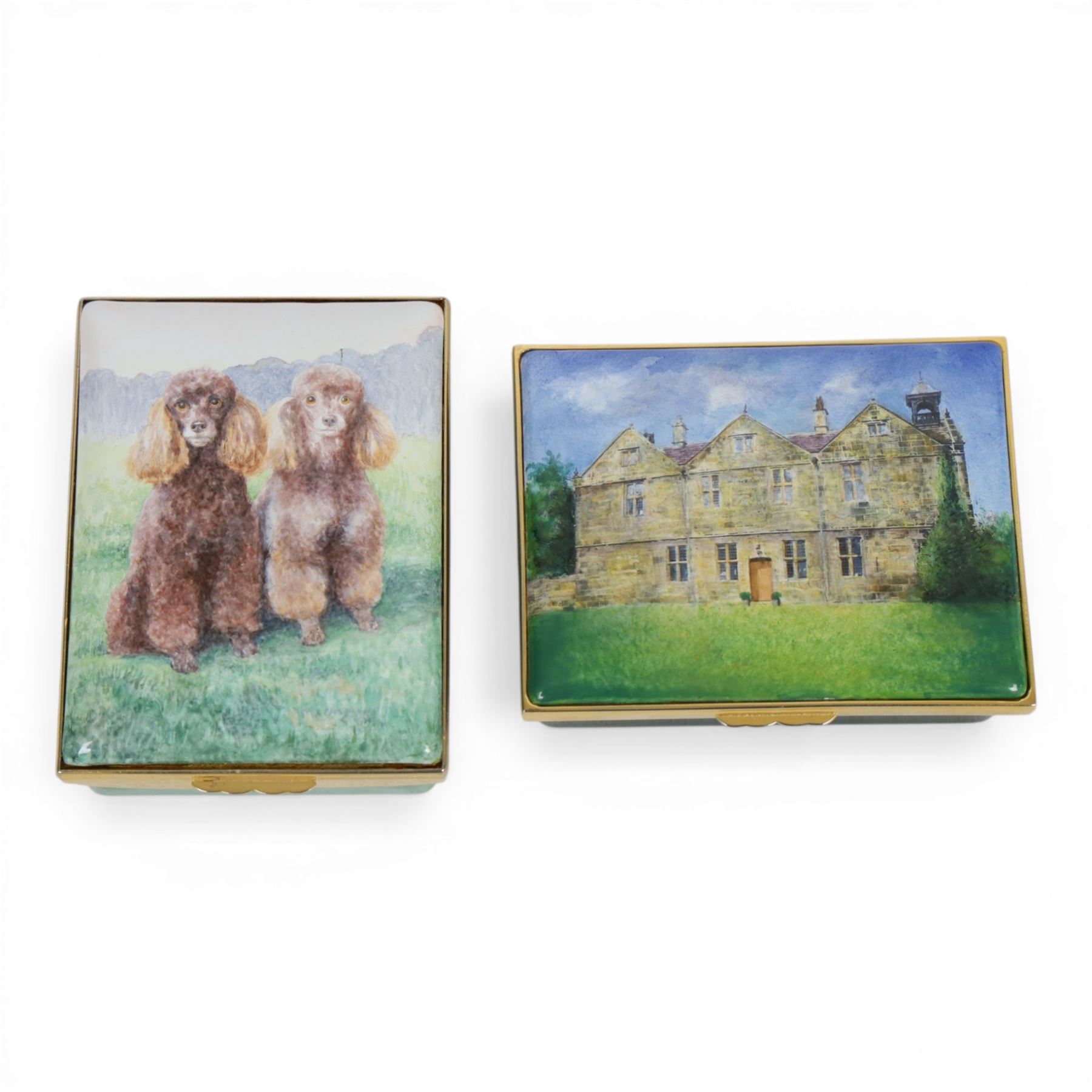 Two Halcyon Days bespoke commissioned enamel pill boxes, painted with 'The Clock House' and 'Polly & Lizzie'