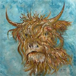 Ann Lamb (British 1955-): 'Highland Cow', mixed media on canvas signed 60cm x 60cm