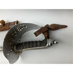 British George V 1897 Pattern Infantry Officers Sword, the 82.5cm fullered steel blade etched and polished with crowned royal arms, GRV cyphers and scrolling foliage, marked Army & Navy Co-operative Society 105 Victoria St London SW to the ricasso,  plated pierced basket hilt with wire bound fish skin grip and leather knot, No.15032; in leather covered scabbard