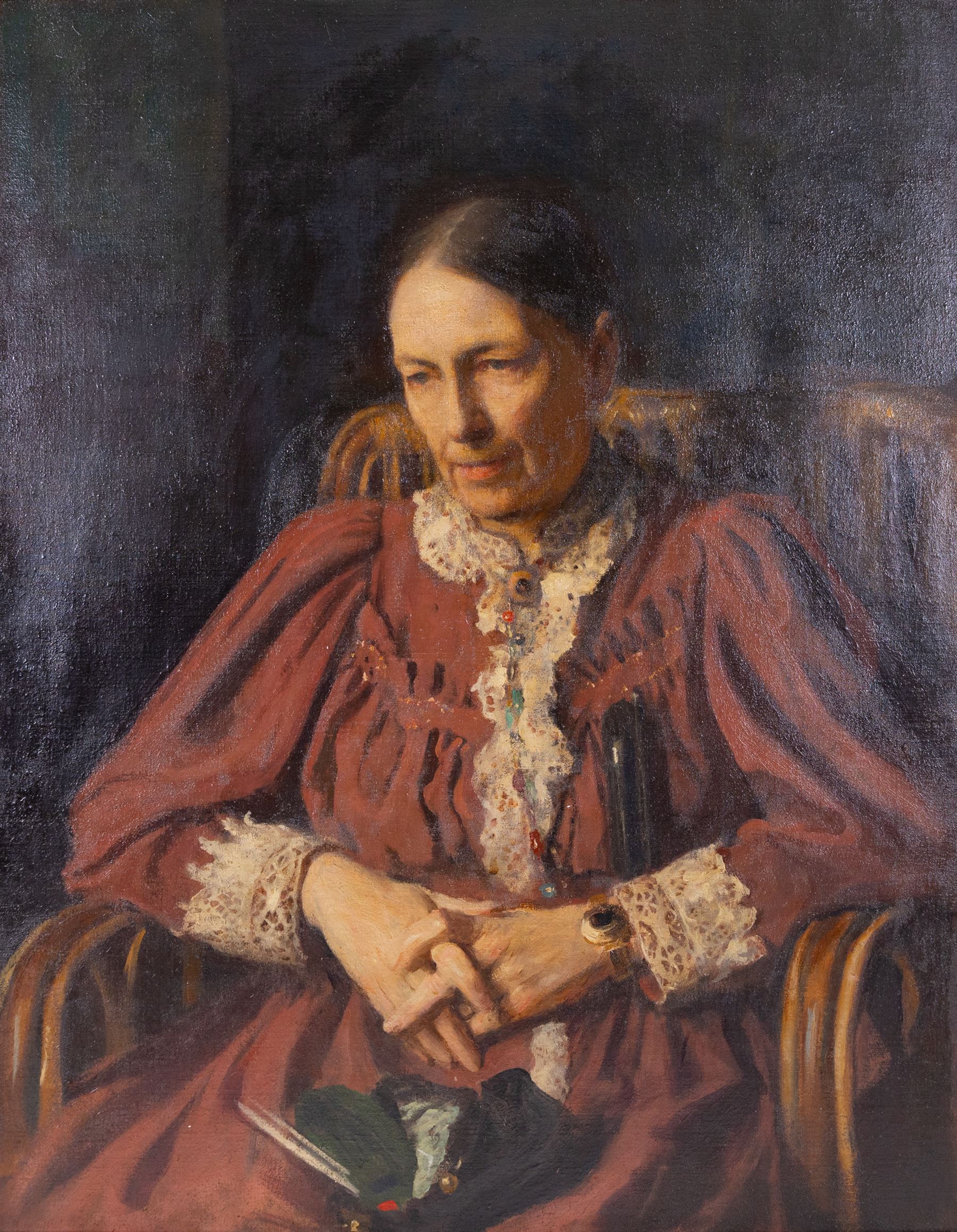 George Spencer Watson RA ROI RP (British 1869-1934): 'The Hon. Mrs Fremantle', oil on canvas unsigned, titled and attributed on the original frame, faded and indistinct title label verso 89cm x 70cm 
Notes: the painting depicts Isabella Maria (née Eardley) (1834-1901), daughter of Sir Culling Eardley Eardley, 3rd Baronet. She was the first wife (married 1863) of the Very Rev. Hon. William Henry Fremantle, D.D., Dean of Ripon (1831-1916). The Dean was the grandson of Vice-Admiral Sir Thomas Francis Fremantle, one of Admiral Lord Nelson’s band of brothers. The Hon. Mrs Fremantle was known for her charitable work and her work among the poor.