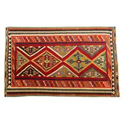 South West Persian Qashqai flatweave kilim, madder red ground with stacked diamond panels ...