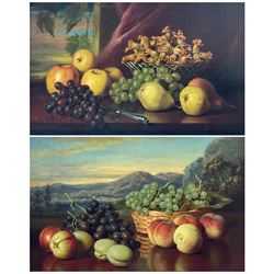 English School (early 20th century): Still Life of Fruit in Alpine Landscape and on Ledge, pair oils on canvas unsigned 40cm x 58cm (2)