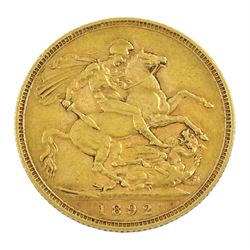 Queen Victoria 1892 gold full sovereign coin