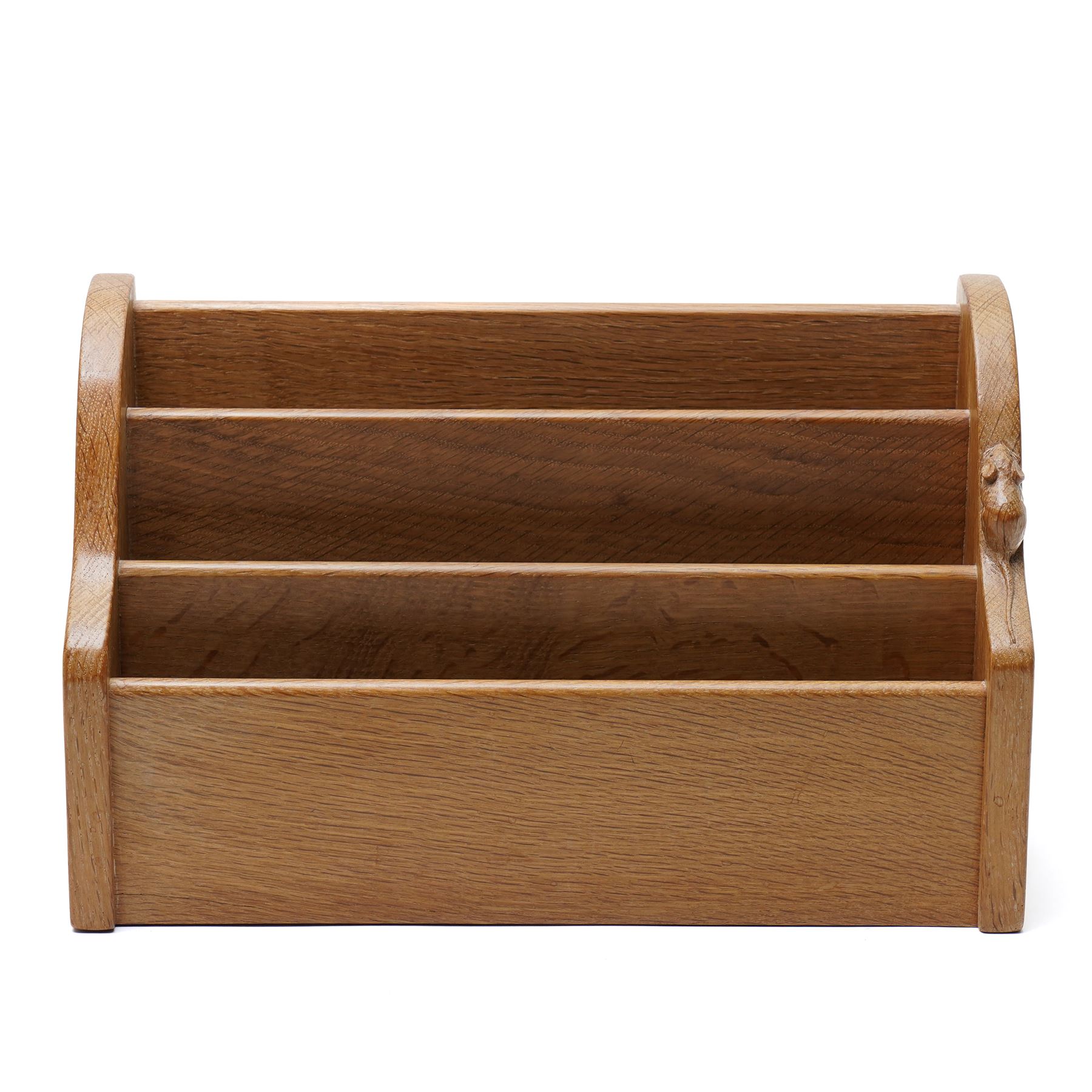 Mouseman - oak letter rack, three tiered with carved mouse signature, by the workshop of Robert Thompson, Kilburn, W33cm